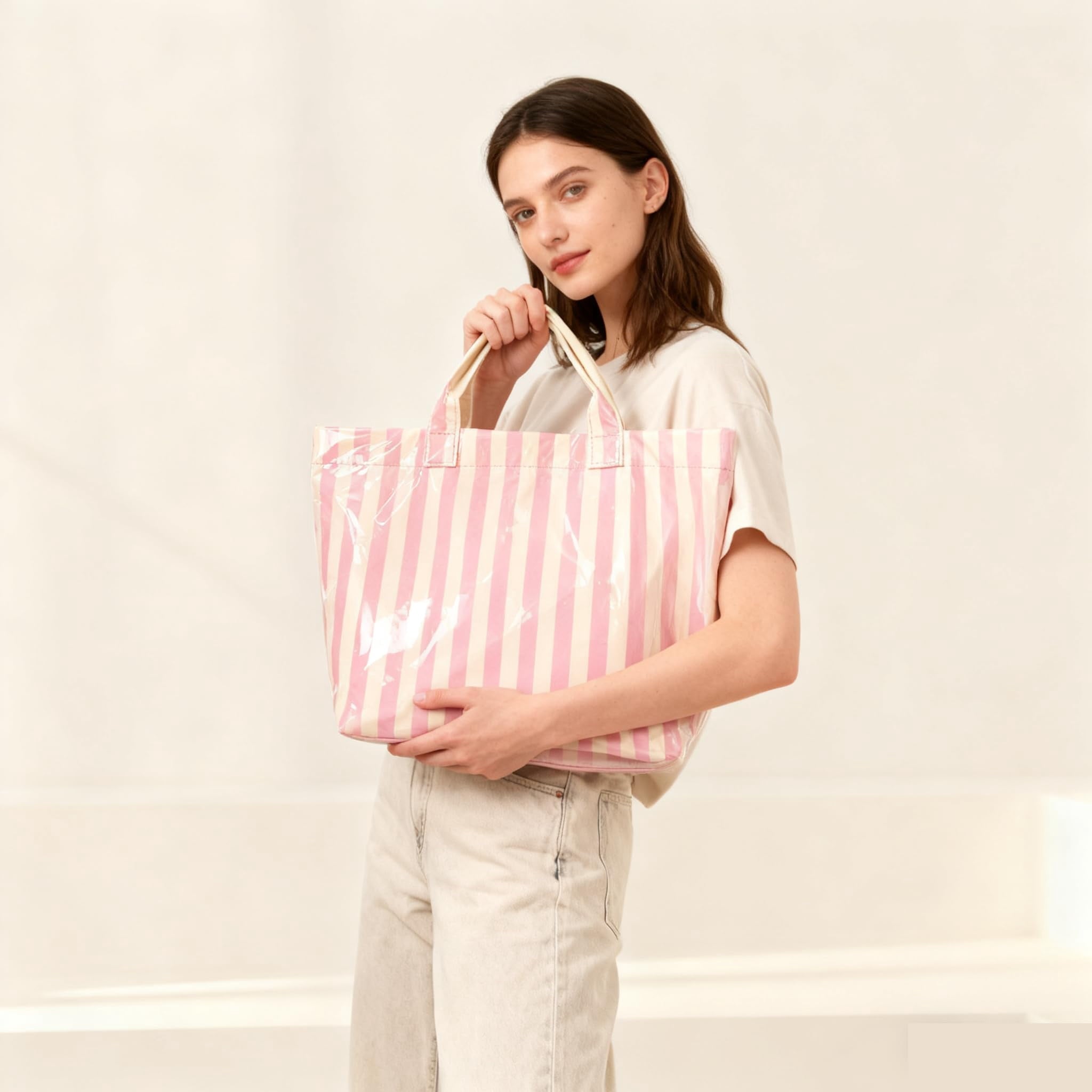 Women’s Waterproof PVC Tote Bag for Women, Large Stripe Plastic Top Handle Oversize Hobo Bag for Travel Work Shopper