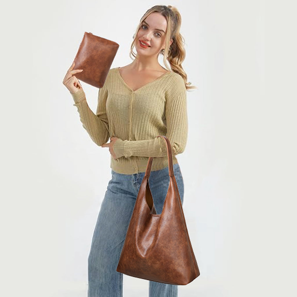 KALUNMA Hobo Bags for Women Retro Vegan Leather Womens Leisure Large Tote Bag Shoulder Purses Handbag