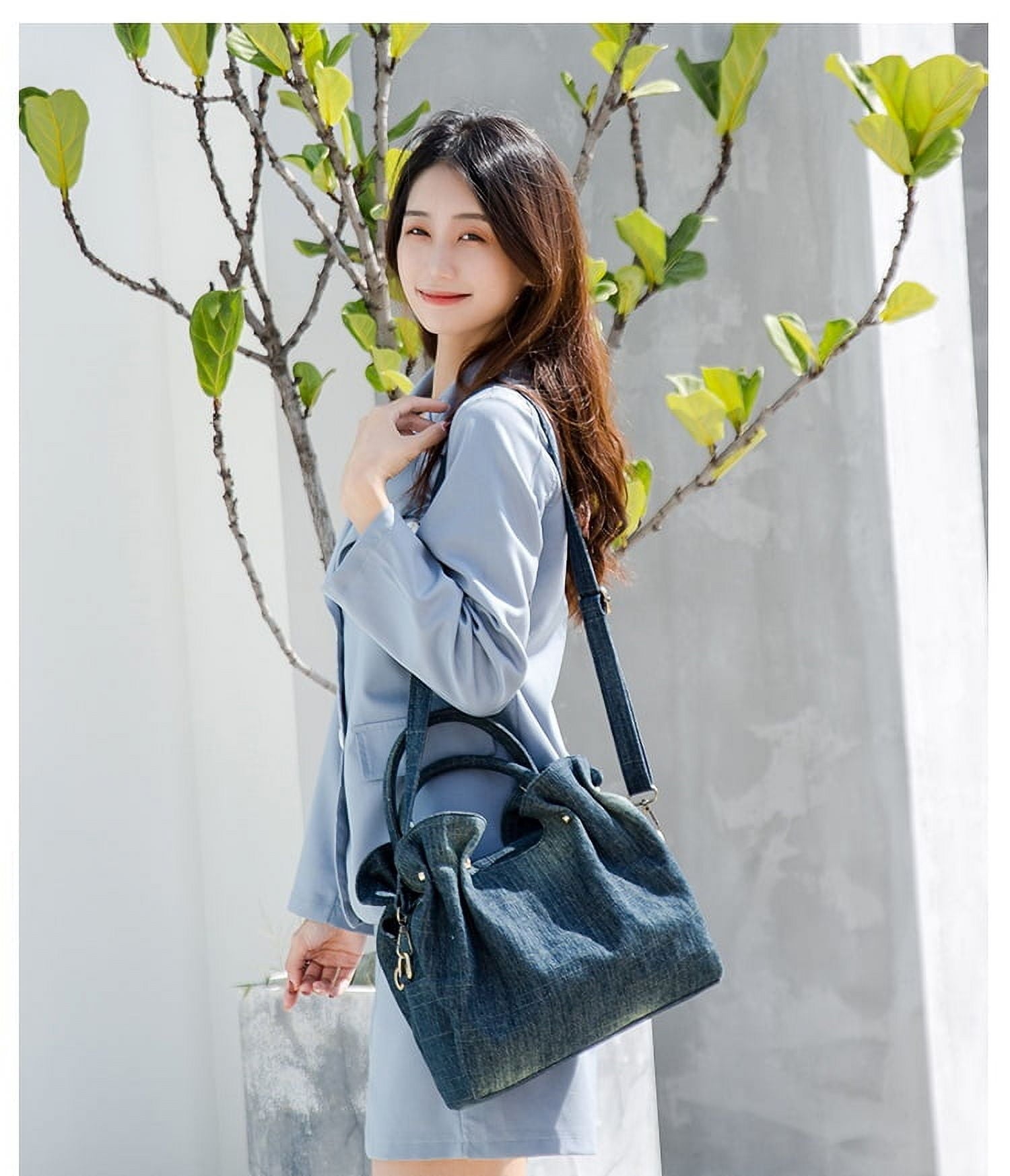 Fashion Ruched ladies handbag Commuting Denim women Shoulder Crossbody Bag Multiple pockets Luxury design Female big Totes blue