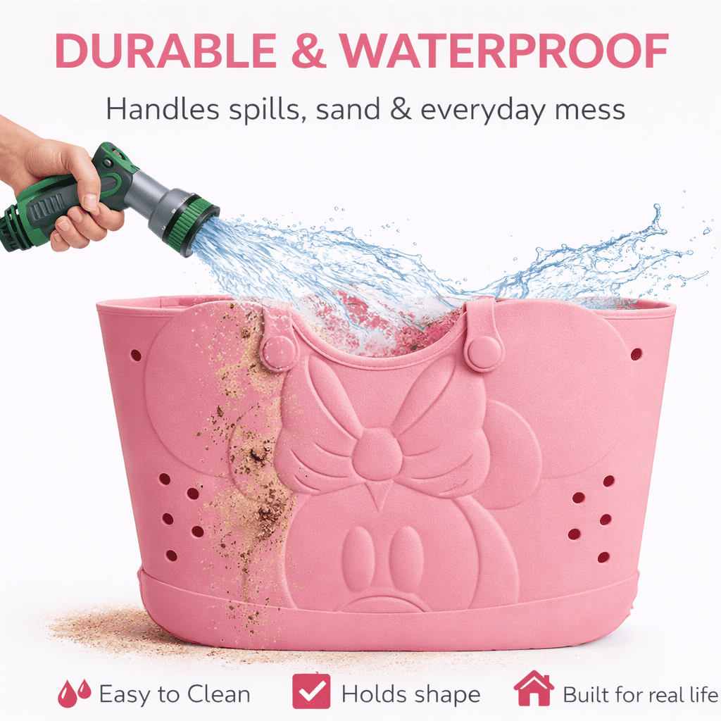 Disney Minnie Mouse EVA Gummy Tote Bag - Waterproof Rubber Beach Bag, Pink Minnie Design, Large 16.5" Carry-All for Pool, Travel & Everyday Use