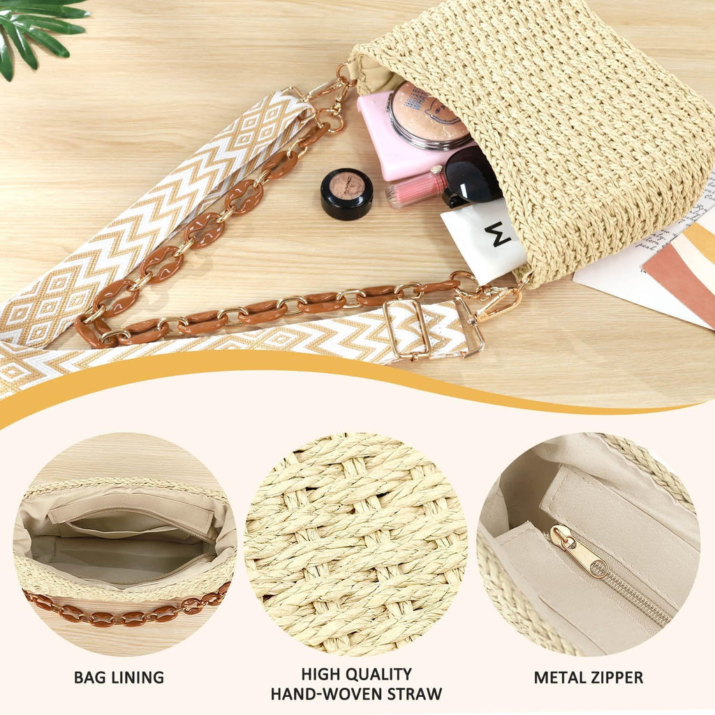 Straw Handbags Purses Crossbody Pocketbook Bag Casual Woven Beach Bags Summer Hobo Hippie Chic Tote Bags with Chain