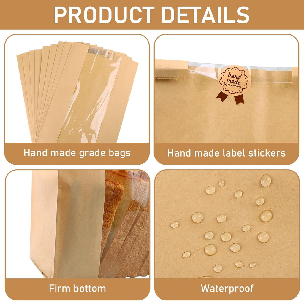 100Pcs Large Bread Bags for Homemade Bread, Sourdough Bread Bags with Clear Window, Kraft Bread Storage for Sourdough Sandwich Bread Bag Packing Storage with Sealing Stickers(13.7''x8.2''x3.5'')