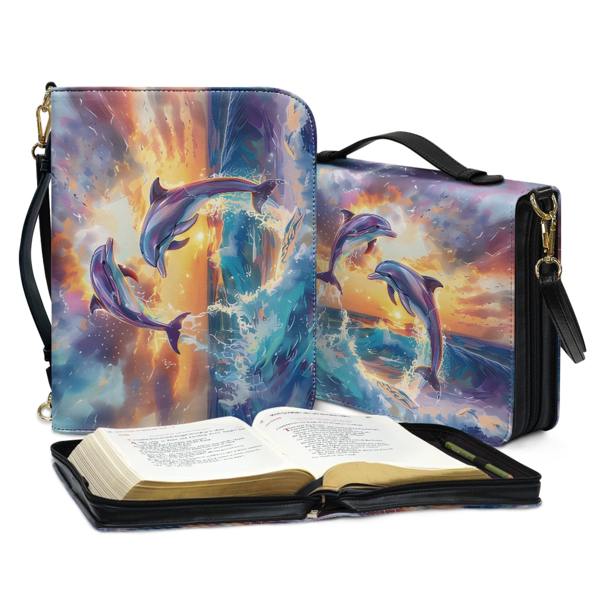 FOR U DESIGNS Ocean Dolphins Bible Bags for Women Tote Portable Sturdy Leather Bible Cover Size Large Holistic Leather Bible Bags Personalized Multifunctional Bible Book Carrying Case