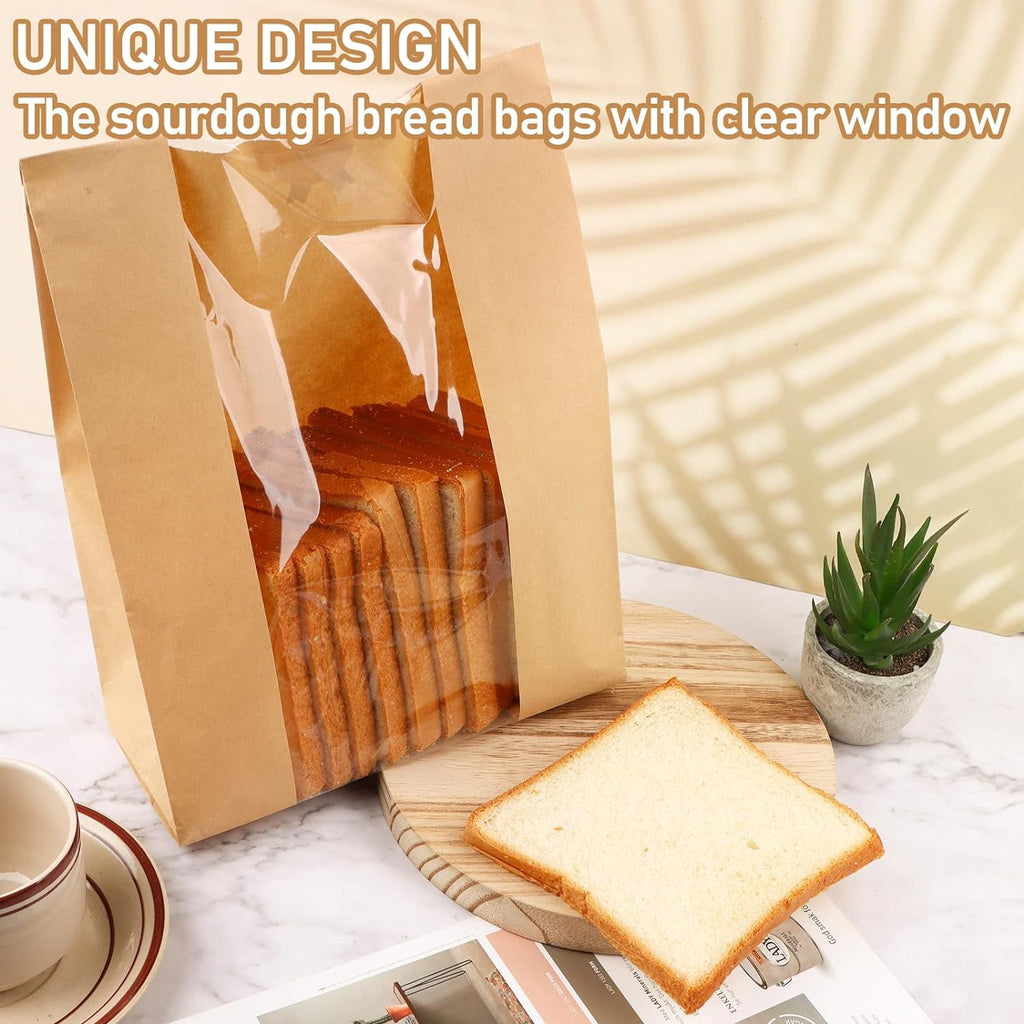 100Pcs Large Bread Bags for Homemade Bread, Sourdough Bread Bags with Clear Window, Kraft Bread Storage for Sourdough Sandwich Bread Bag Packing Storage with Sealing Stickers(13.7''x8.2''x3.5'')