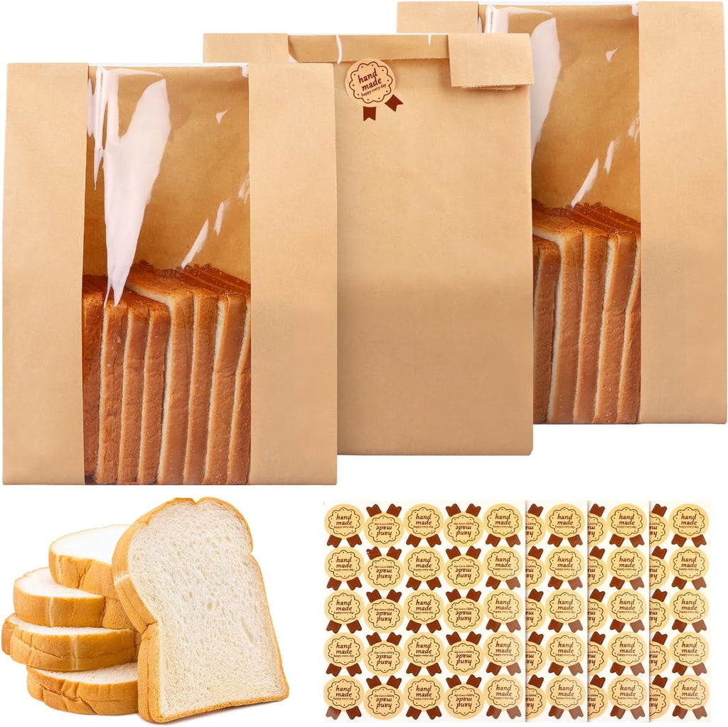 100Pcs Large Bread Bags for Homemade Bread, Sourdough Bread Bags with Clear Window, Kraft Bread Storage for Sourdough Sandwich Bread Bag Packing Storage with Sealing Stickers(13.7''x8.2''x3.5'')