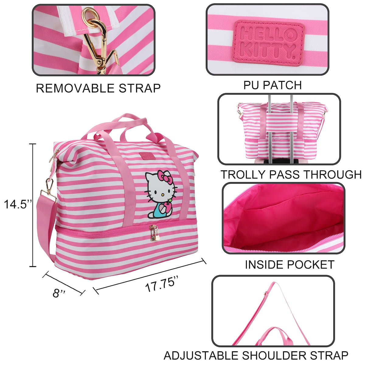 Hello Kitty Character 17" Pink & White Striped Duffle Bag