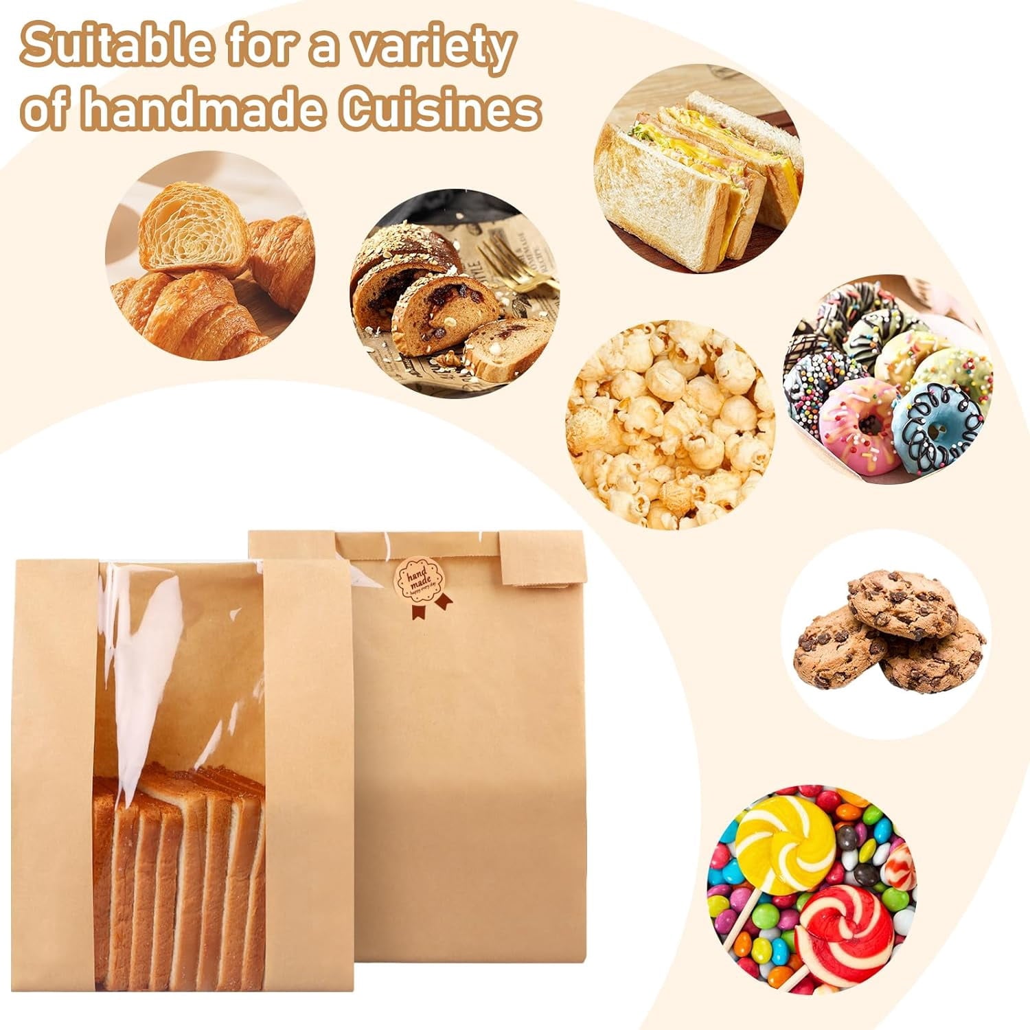 100Pcs Large Bread Bags for Homemade Bread, Sourdough Bread Bags with Clear Window, Kraft Bread Storage for Sourdough Sandwich Bread Bag Packing Storage with Sealing Stickers(13.7''x8.2''x3.5'')