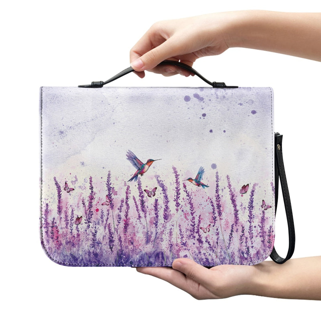 ZUXONGSY Lavender Hummingbird Butterfly Print PU Leather Bible Case for Women Men Sturdy Bible Carrying Tote Bags with Detachable Wristlet Strap Church Bag for Bible Study Journal Case, L