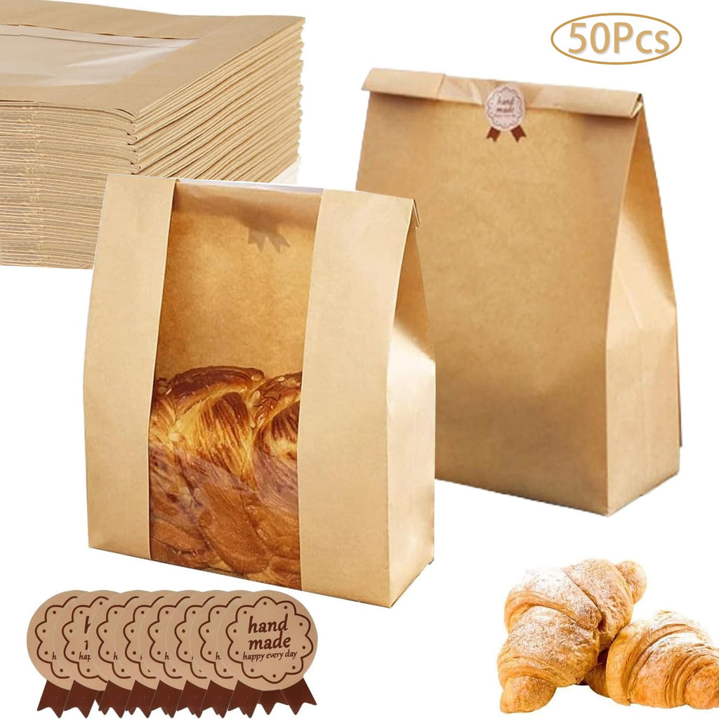100Pcs Large Bread Bags for Homemade Bread, Sourdough Bread Bags with Clear Window, Kraft Bread Storage for Sourdough Sandwich Bread Bag Packing Storage with Sealing Stickers(13.7''x8.2''x3.5'') - Bag