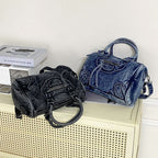 Luxury Designer City Tote Bag for Women Retro Washed Denim Cloth Splicing Fringed Shoulder Portable Messenger Bag Handbags