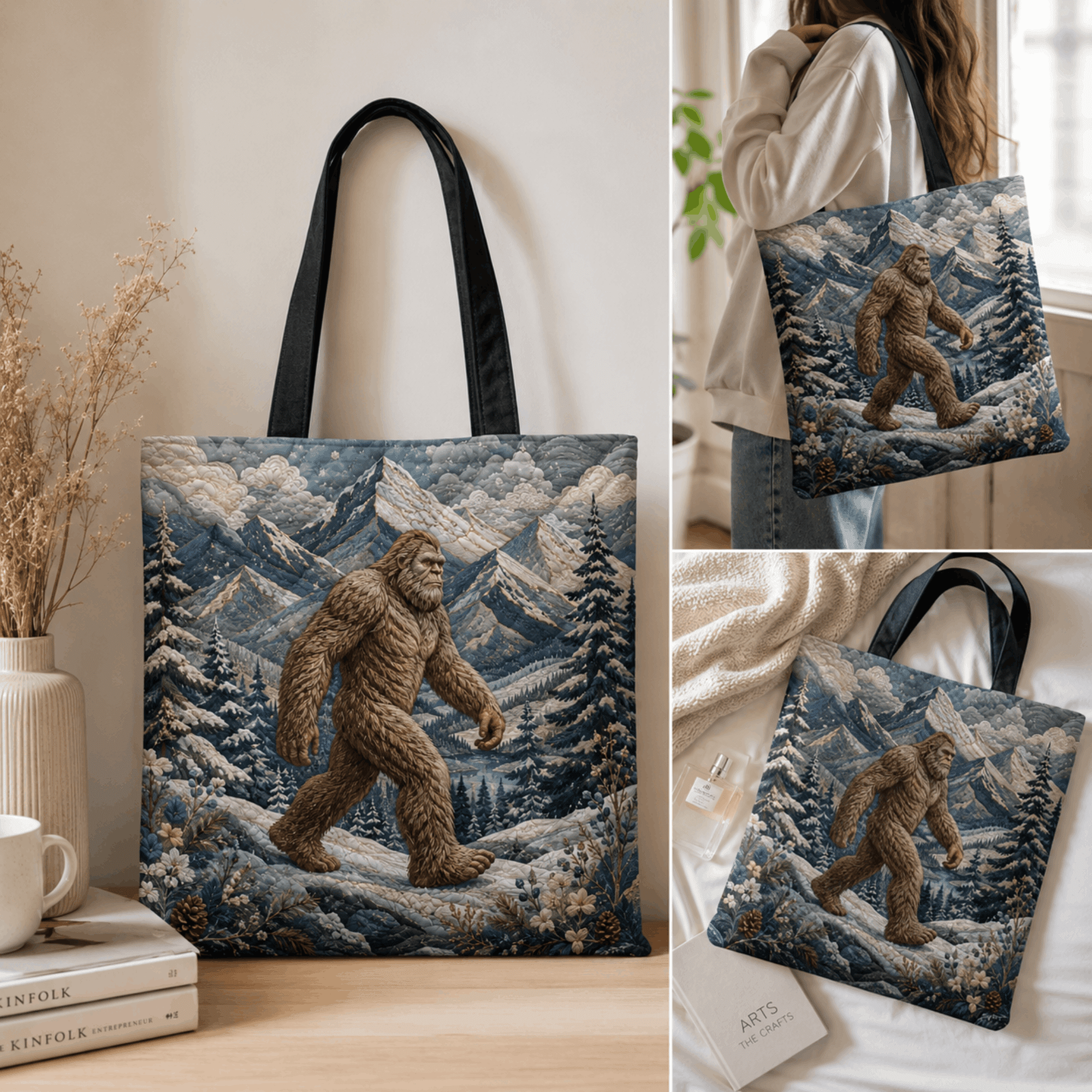 Lotusprint LLC 2D Print Bigfoot Mountain Quilted Tote Bag, Sasquatch Winter Forest Shoulder Handbag