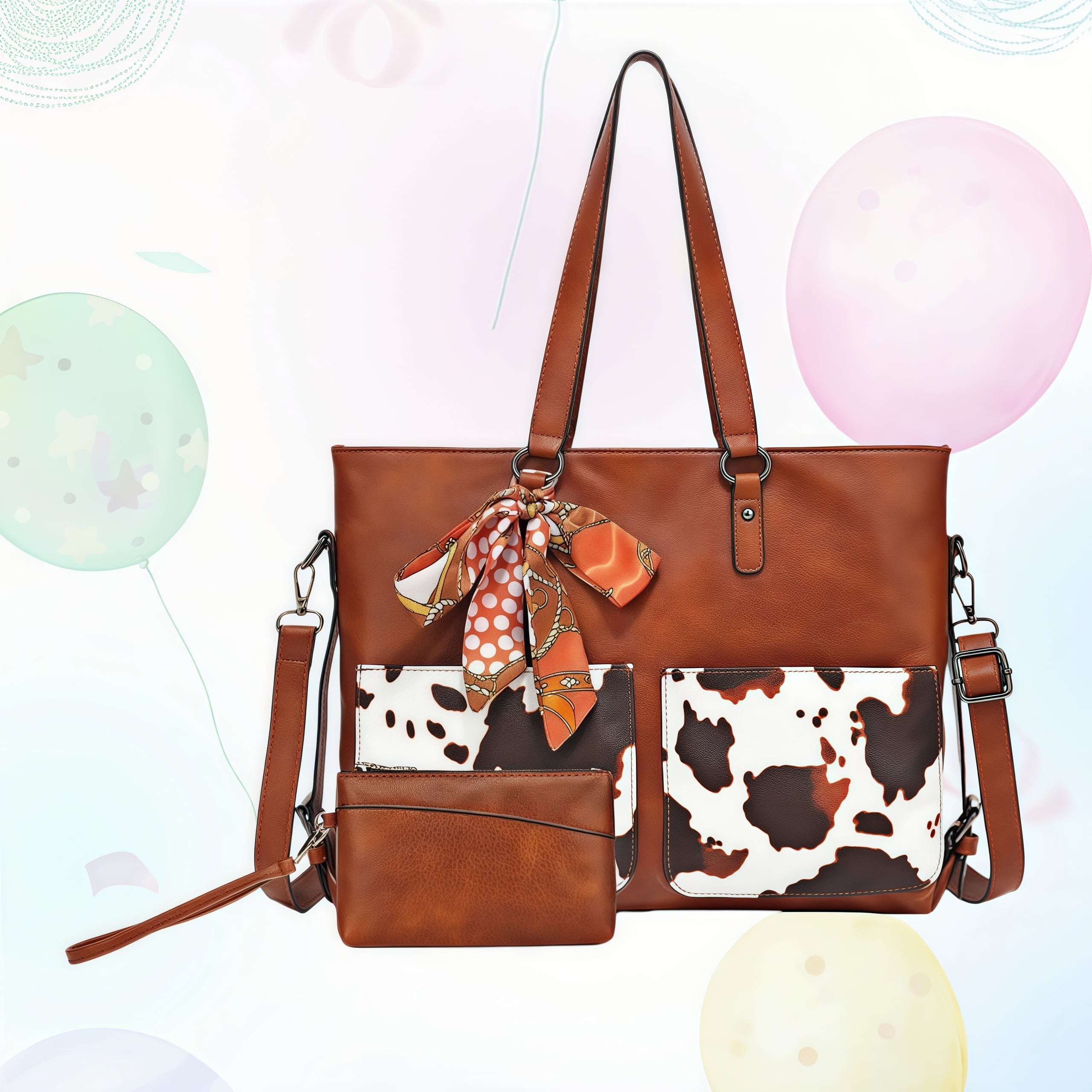 Cow Print Handbag Set for Women 2-Piece, Fashion Shoulder & Crossbody Purse, Spacious PU Leather Tote with Adjustable Strap for Work, Travel, Daily Use (Black/Red/Brown)