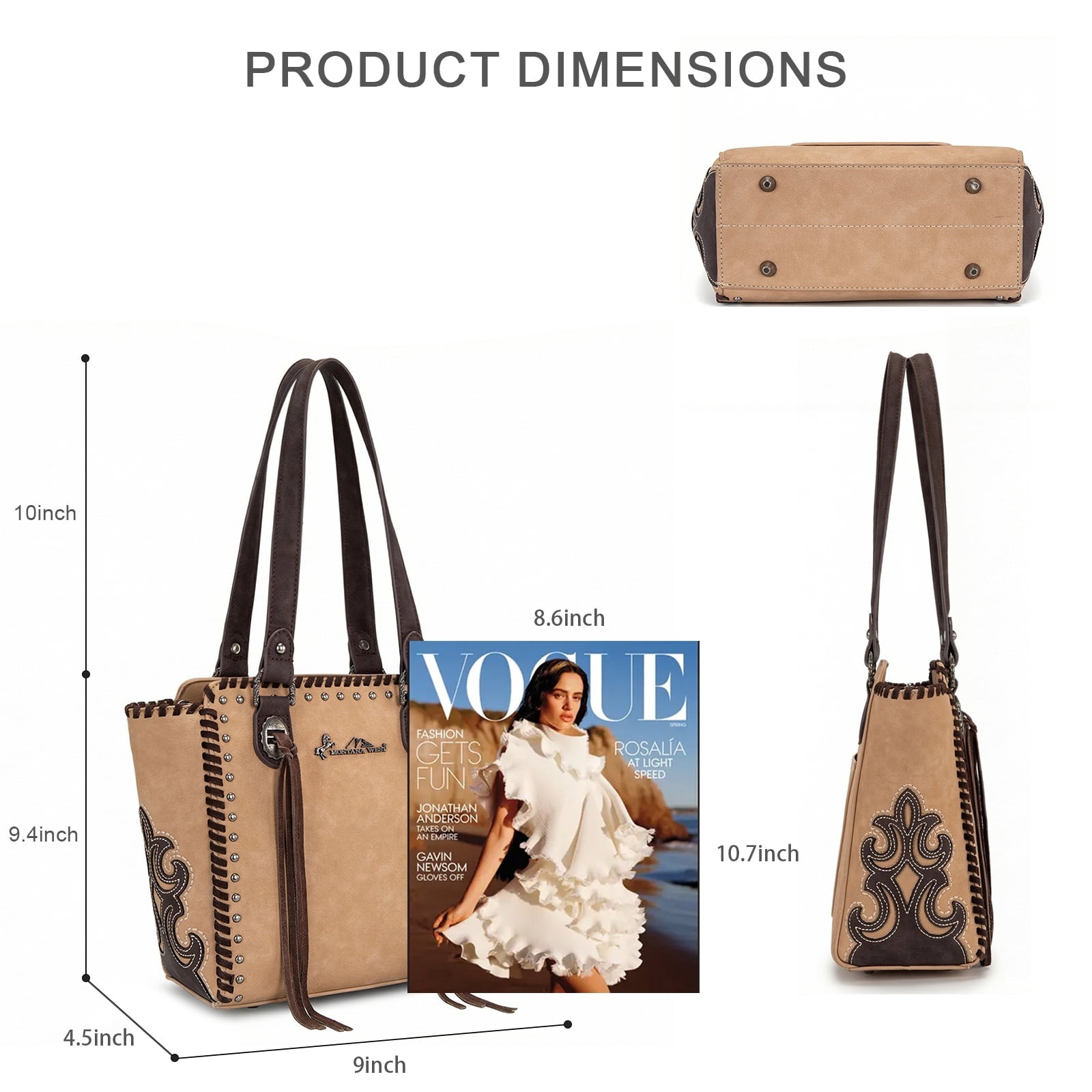 Montana West Western Tote Bag for Women Studded PU Leather Handbag with Fringe Tassel Fashion Medium Size Shoulder Purse Cowgirl Style Tote, Tan