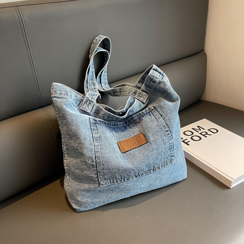 JennyShop  Denim Canvas Bag, Casual Handheld/Shoulder Carryall Bag, Hot Sale Large Capacity Tote - Niche Artistic Shopping Bag,