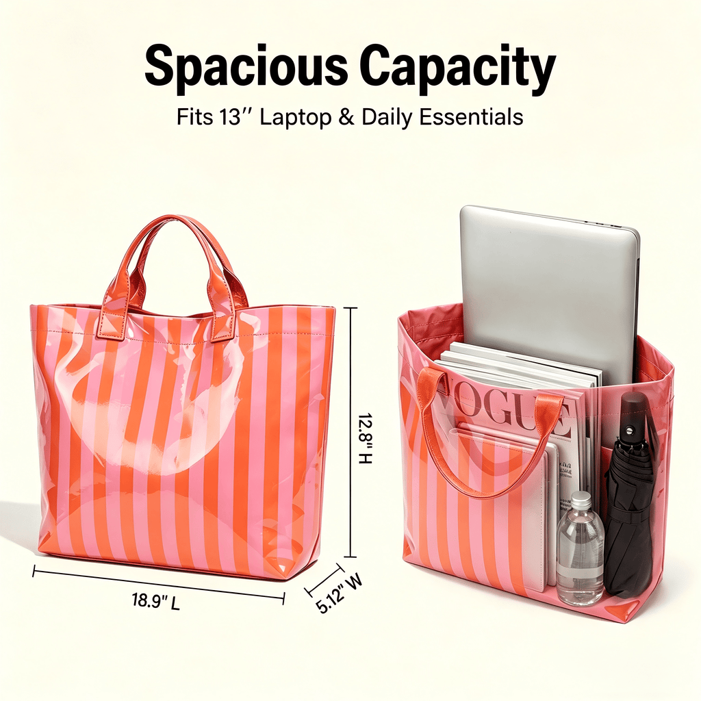WANDF PVC Tote Bag for Women,Plastic Tote Bags for Shopping,Travel,Work,Classic Woman Handbags with Inner Pocket,Eco-Friendly Gift Bag for Ladies,Mom,Sister,Besties(Orange Pink Stripe)