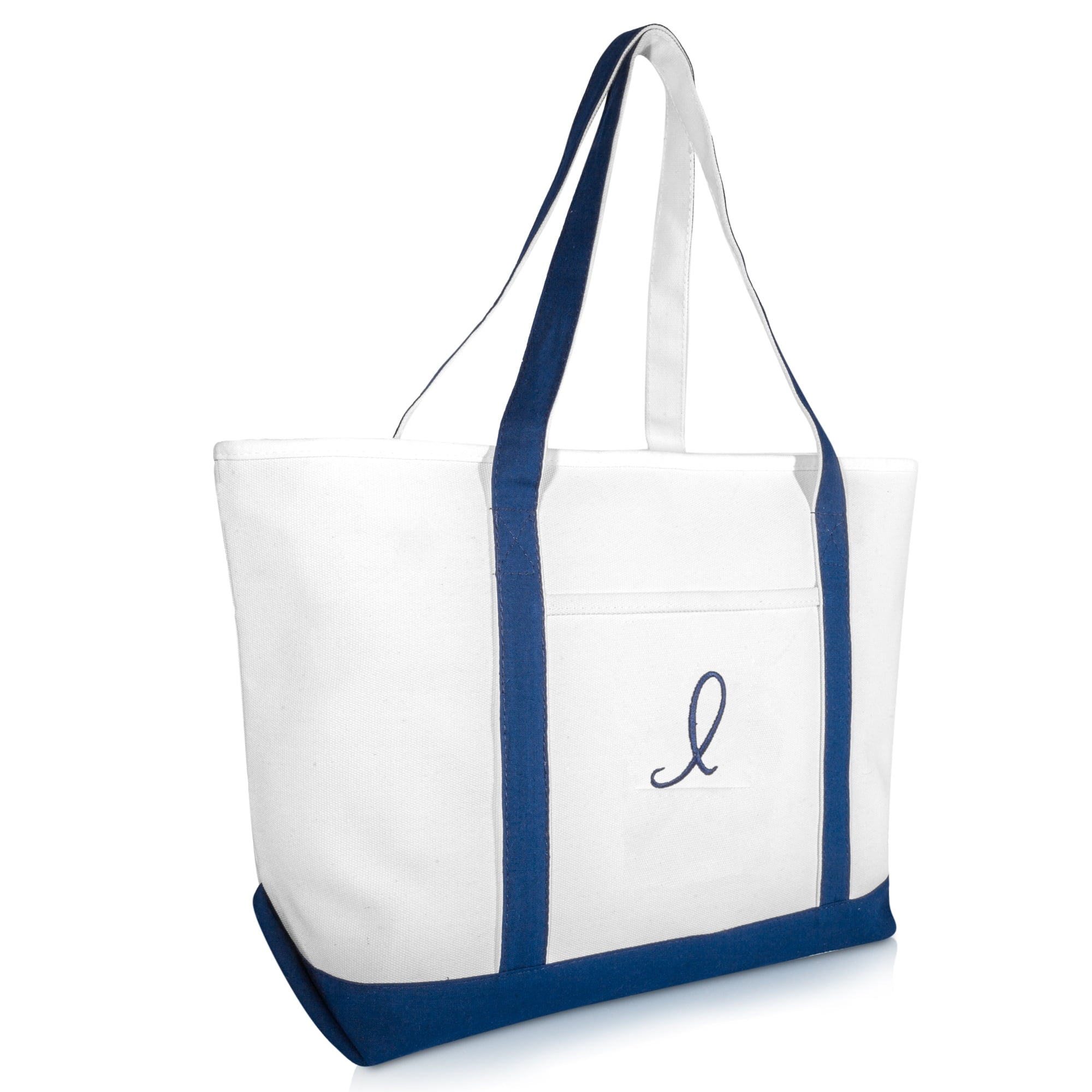 Premium Beach Bags Striped Navy Blue Zippered Tote Bag Monogrammed M - Beach Bag