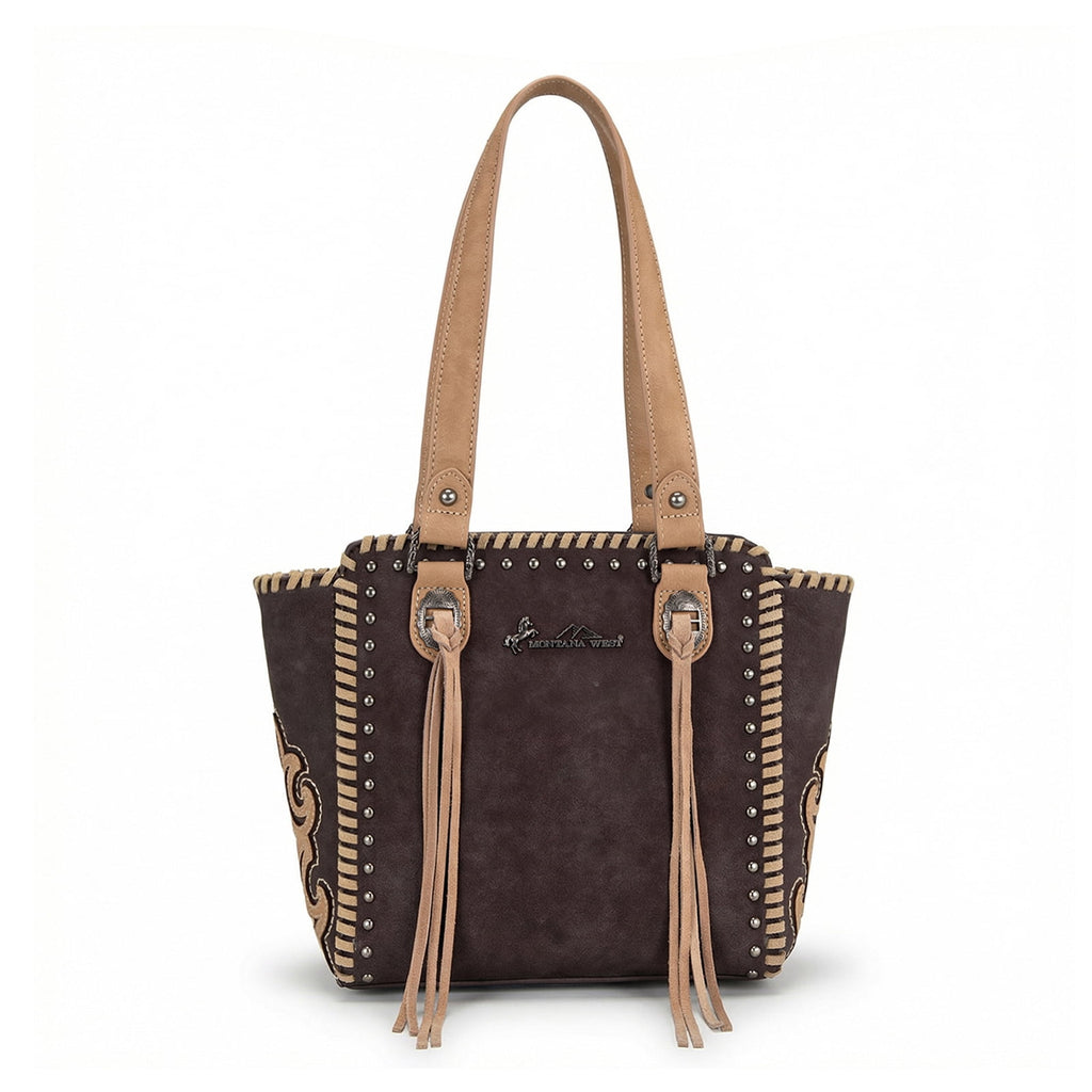Montana West Western Tote Bag for Women Studded PU Leather Handbag with Fringe Tassel Fashion Medium Size Shoulder Purse Cowgirl Style Tote, Tan - Tote Bag