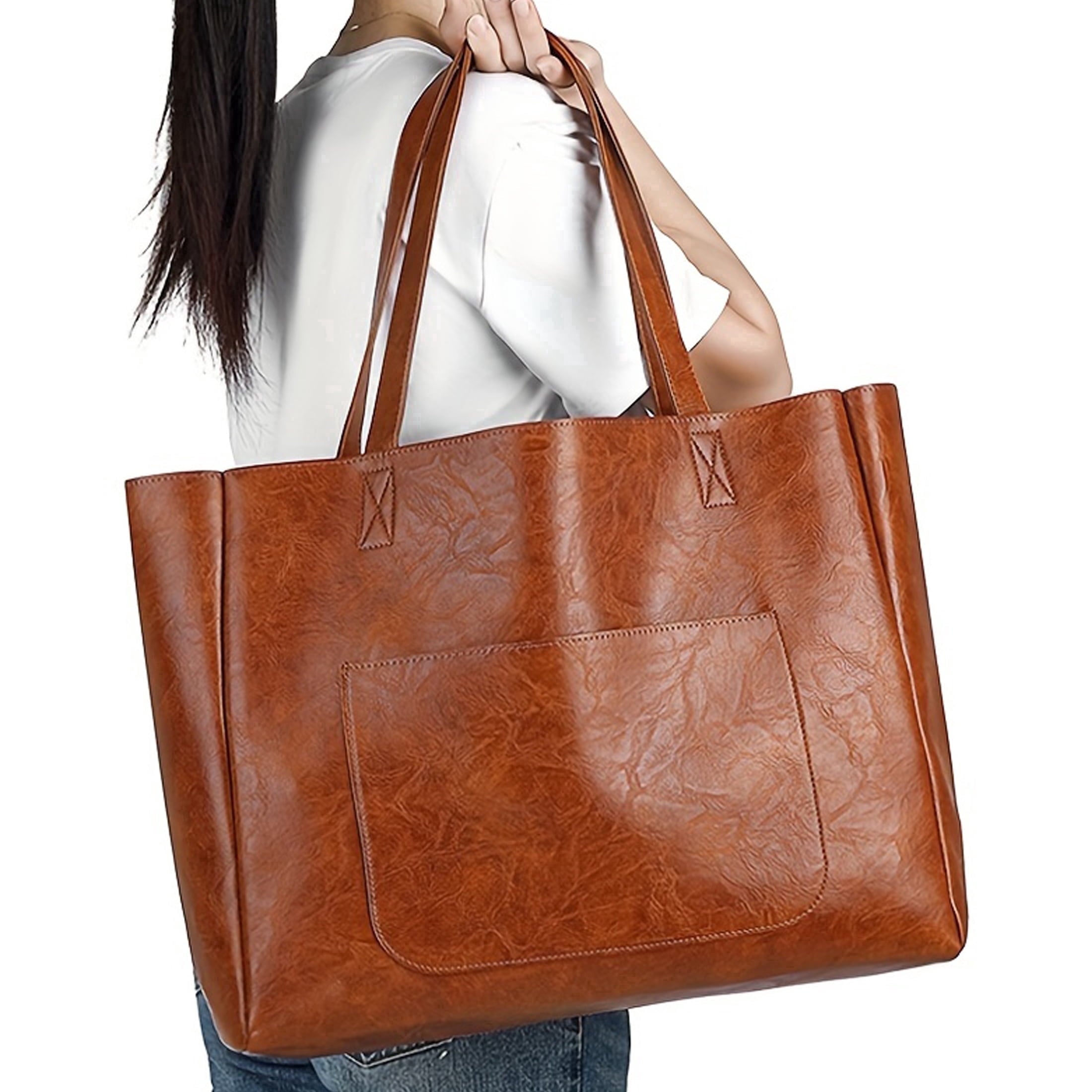 Large Capacity Vintage PU Leather Tote for Women Office Everyday Handbag(Black1 ) - Tote Bag