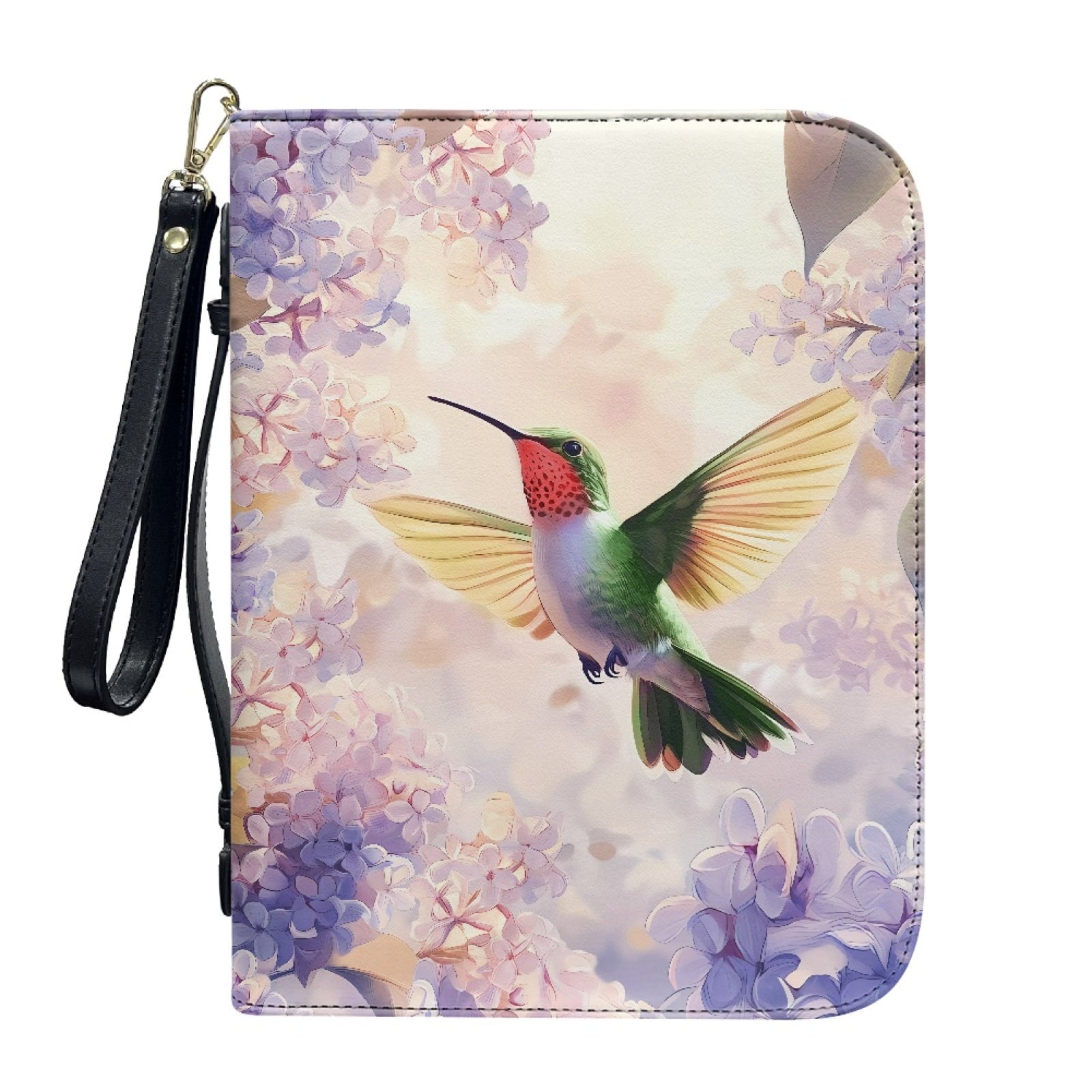 Hummingbird Lily Flower Print PU Leather Bible Case for Women Men Lightweight Bible Carrying Tote Bags with Detachable Wristlet Strap Church Bag for Bible Study Bible Gift, L - Bible Bag