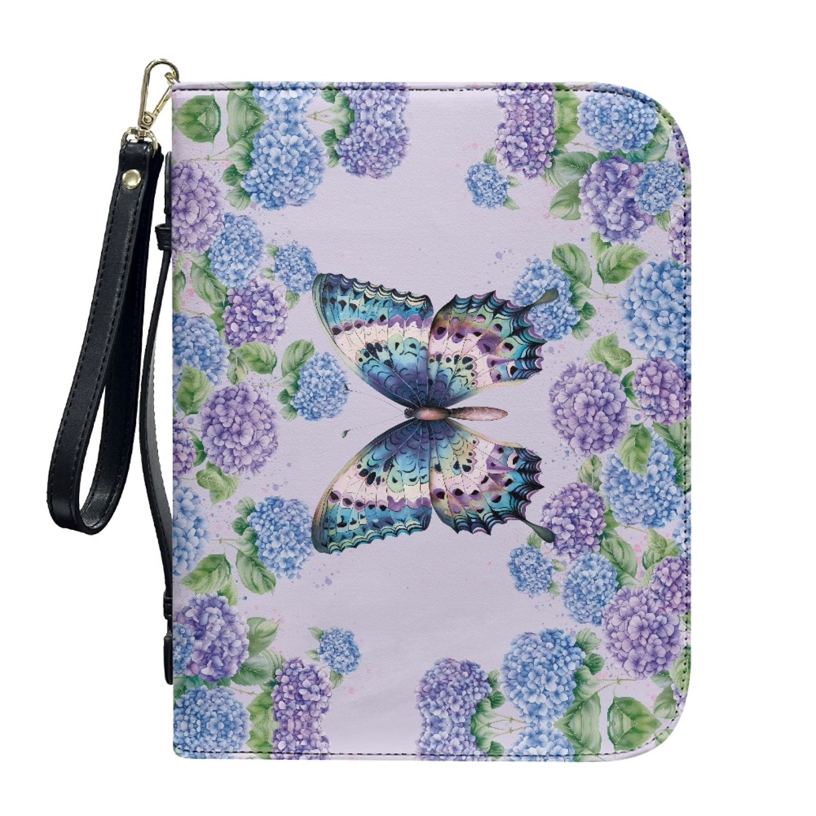 Lavender Hummingbird Butterfly Print PU Leather Bible Case for Women Men Sturdy Bible Carrying Tote Bags with Detachable Wristlet Strap Church Bag for Bible Study Journal Case, L - Bible Bag