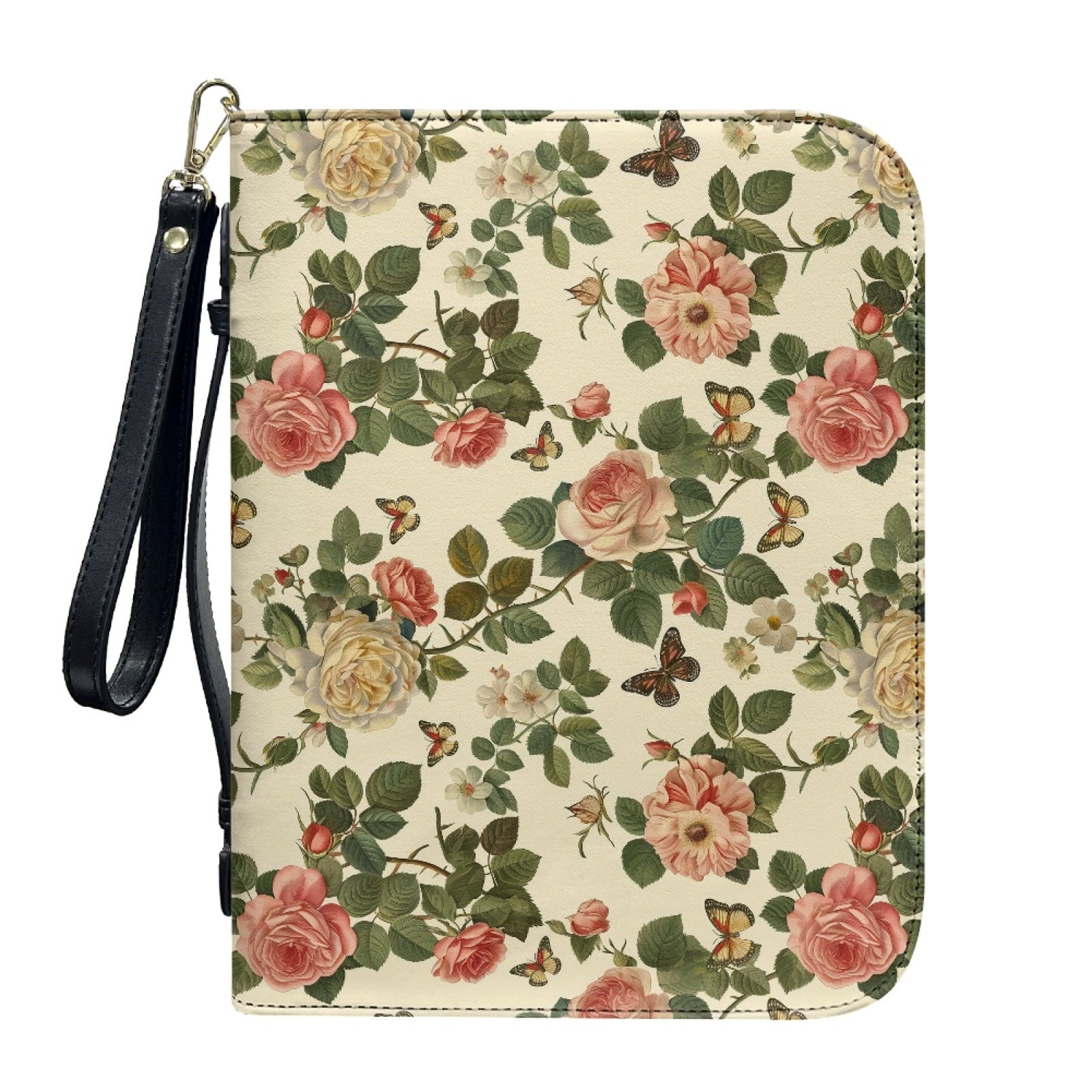 Lavender Hummingbird Butterfly Print PU Leather Bible Case for Women Men Sturdy Bible Carrying Tote Bags with Detachable Wristlet Strap Church Bag for Bible Study Journal Case, L - Bible Bag