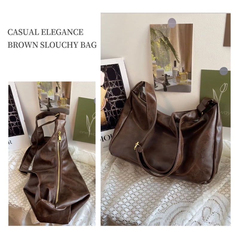 AOUNQ Hobo Bags for Women, Vegan Leather Shoulder Handbag, Stylish Slouchy Tote Bag, Crossbody Purses with Adjustable Wide Strap, Brown