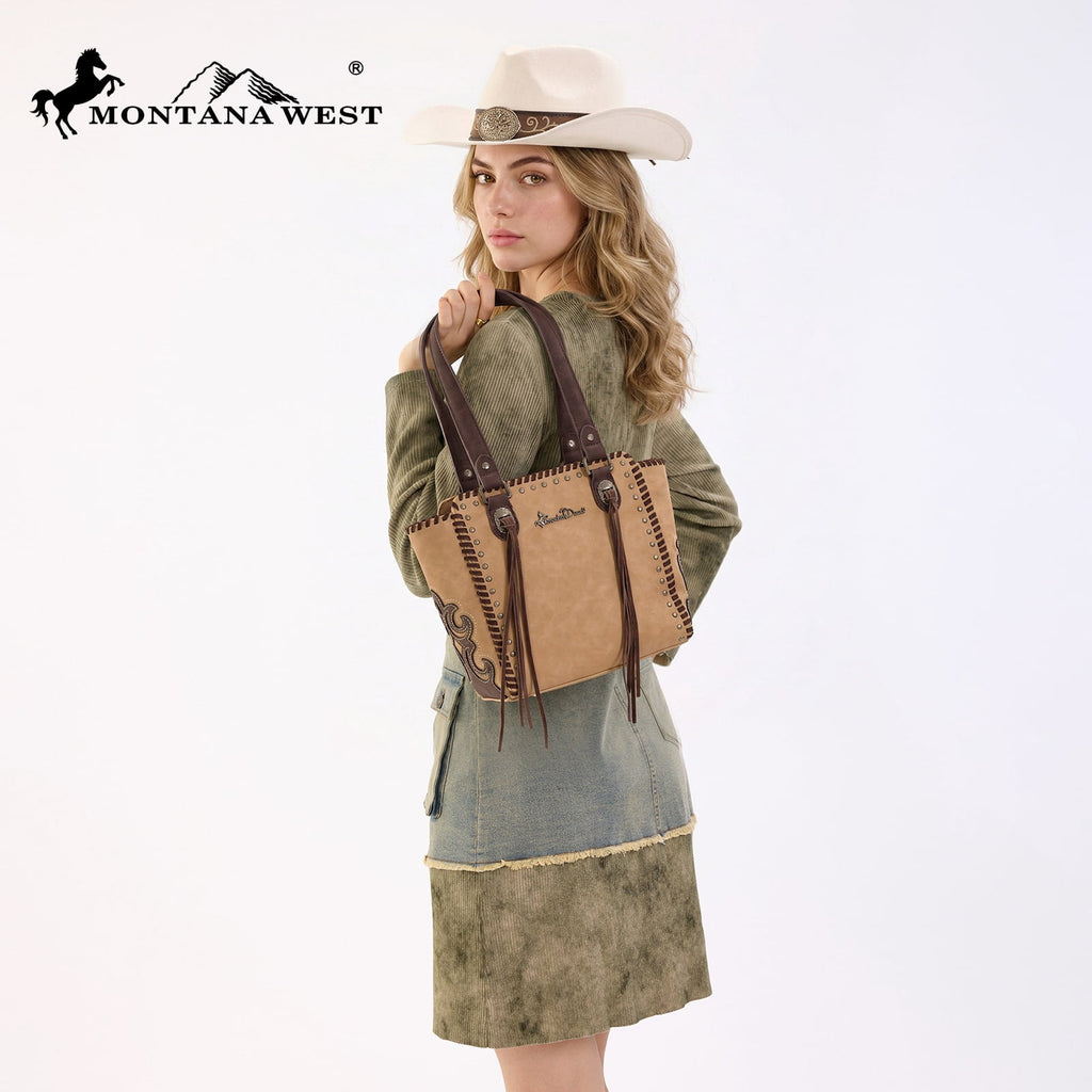 Montana West Western Tote Bag for Women Studded PU Leather Handbag with Fringe Tassel Fashion Medium Size Shoulder Purse Cowgirl Style Tote, Tan