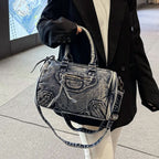 Luxury Designer City Tote Bag for Women Retro Washed Denim Cloth Splicing Fringed Shoulder Portable Messenger Bag Handbags