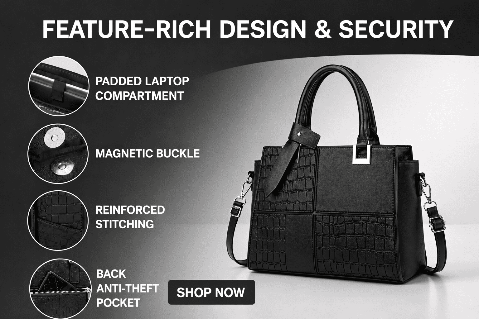 AVMPRO Women's PU Solid Tote Shoulder Handbag, Black