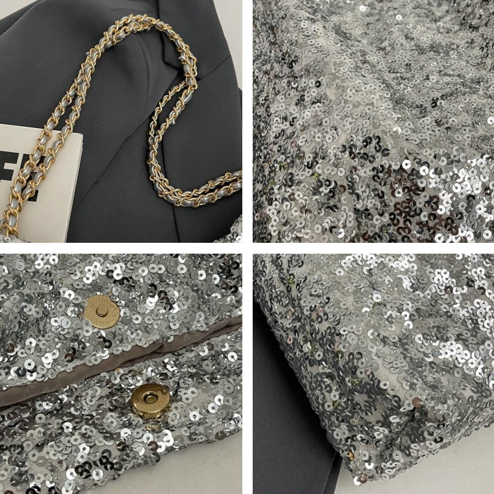 Zhengup Womens Fashion Shoulder Bag Y2k Sparkly Glitter Sequin Purse Large Totes Top Handle Satchel with Chain Party