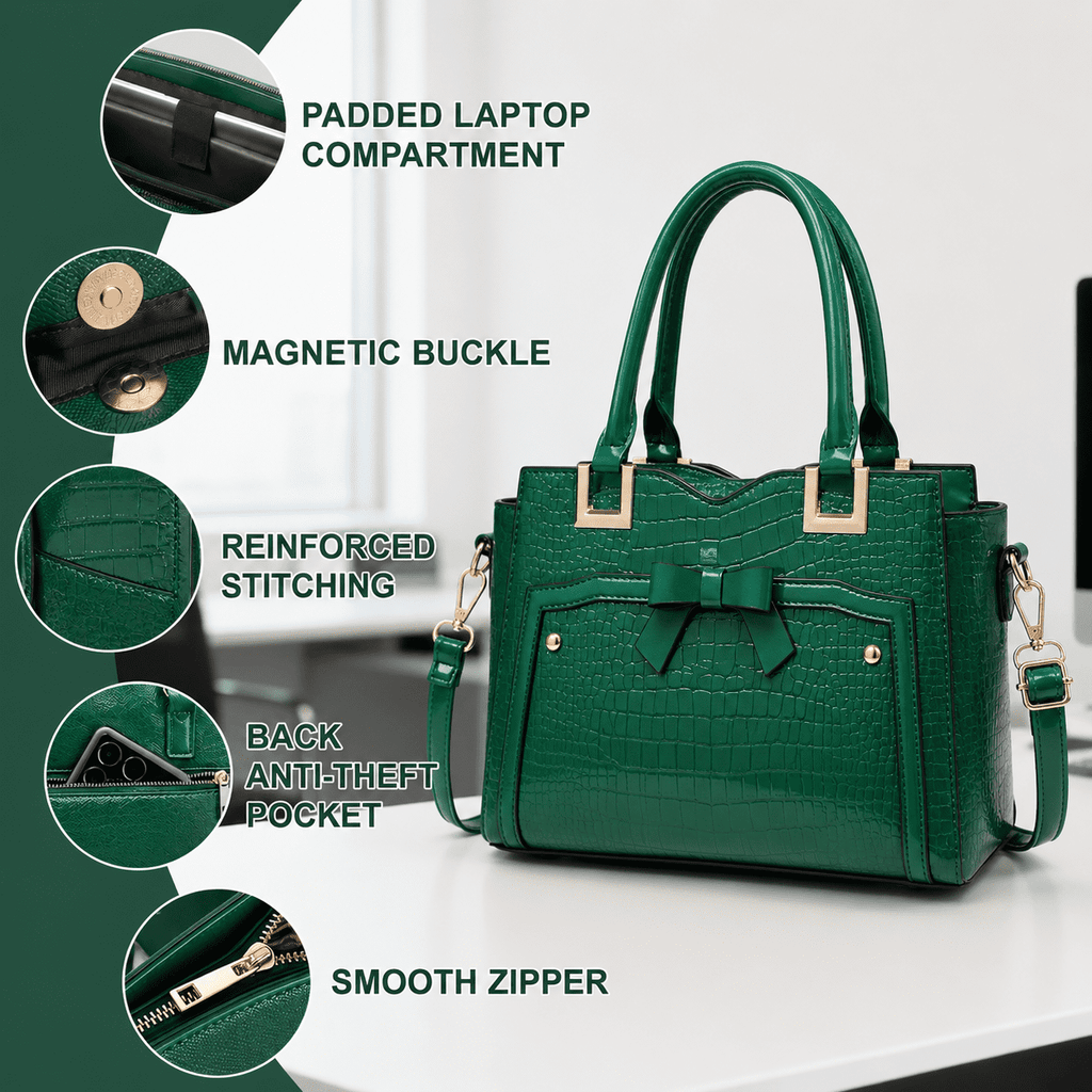 AVMPRO Women's PU Leather Tote Satchel Bag Set, 4-Way Crossbody Purse - Green