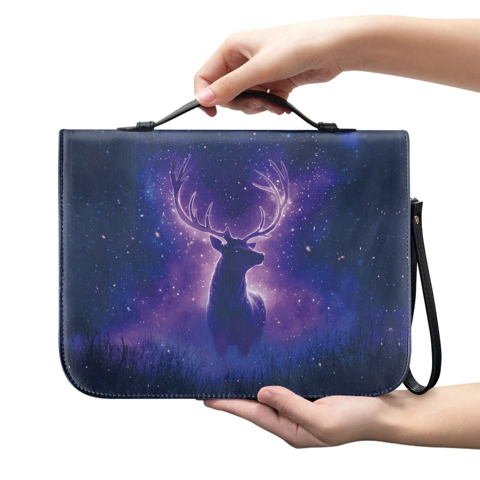 ZUXONGSY Star Sky Moose Star Print PU Leather Bible Case for Women Men Portable Bible Carrying Tote Bags with Detachable Wristlet Strap Church Bag for Bible Study Scripture Church Bag, L