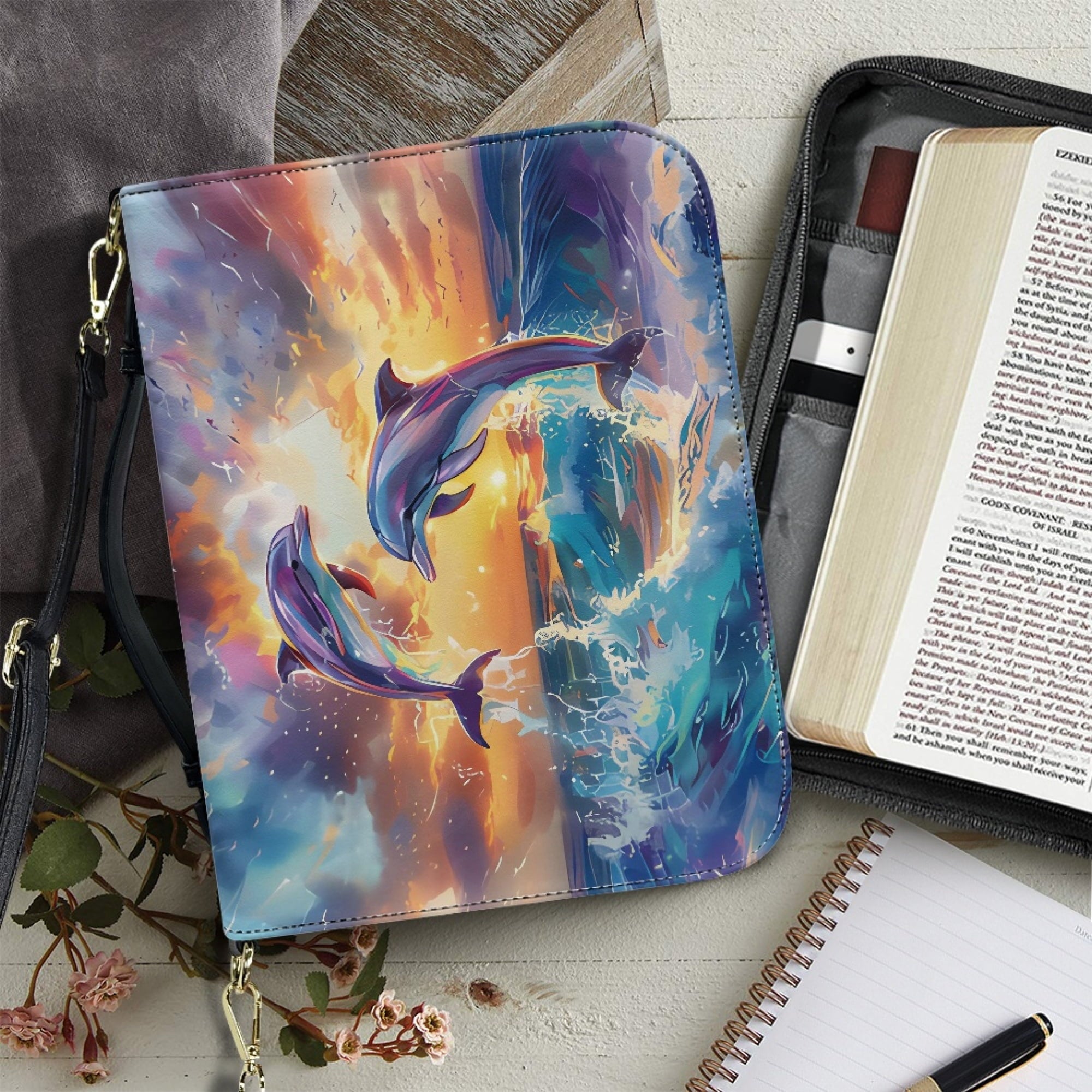 FOR U DESIGNS Ocean Dolphins Bible Bags for Women Tote Portable Sturdy Leather Bible Cover Size Large Holistic Leather Bible Bags Personalized Multifunctional Bible Book Carrying Case