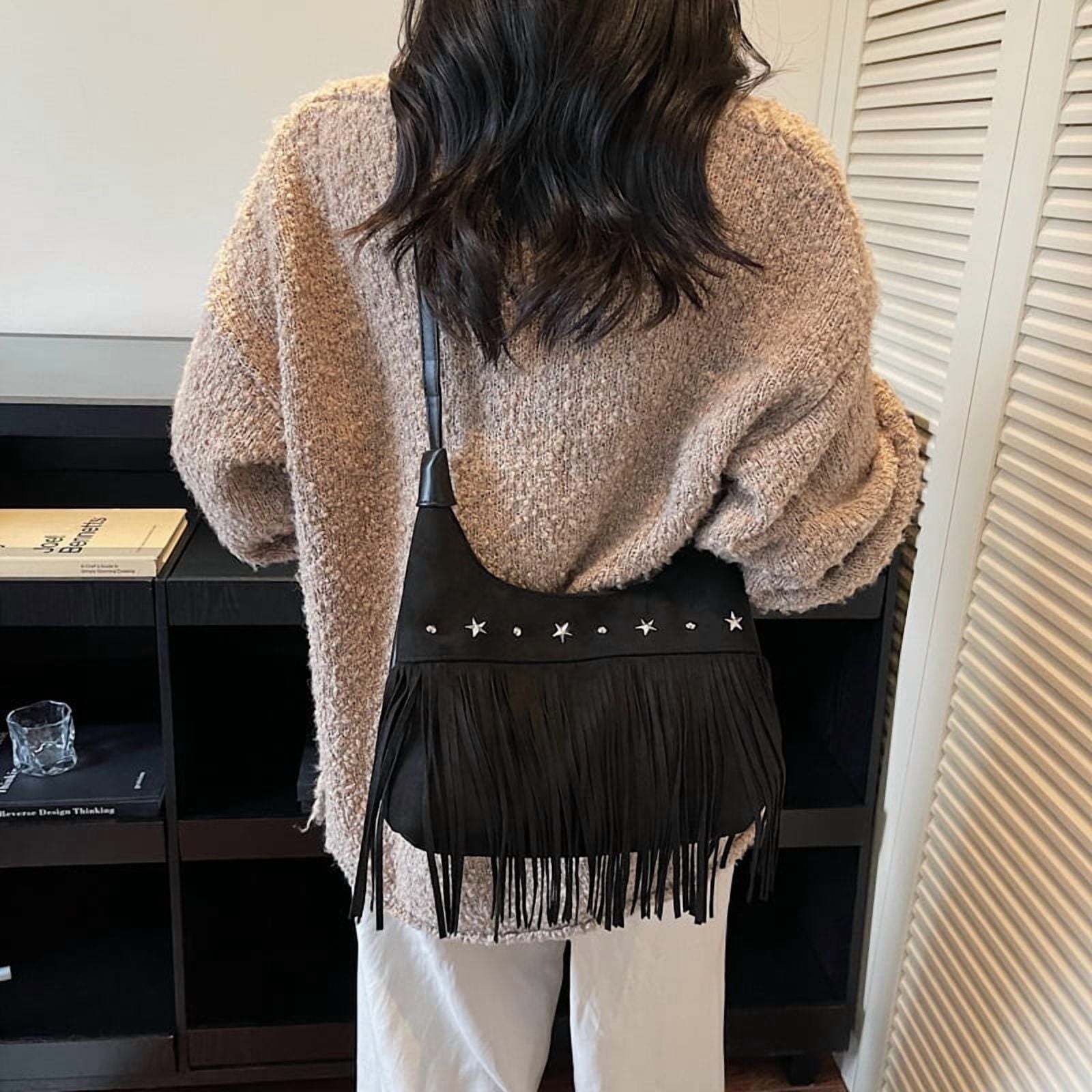 Baguery Women's Fringe Tote Bag - Western Star Studded Vintage Faux Suede Hobo/Shoulder Bag for Daily Casual (11.02×7.09×2.36in)​