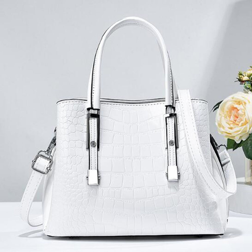 VSFAOV Women Handbags Purse Shiny Patent Leather Crocodile Pattern Top Handle Handbag Satchel Bags Zipper Medium Tote Bag White