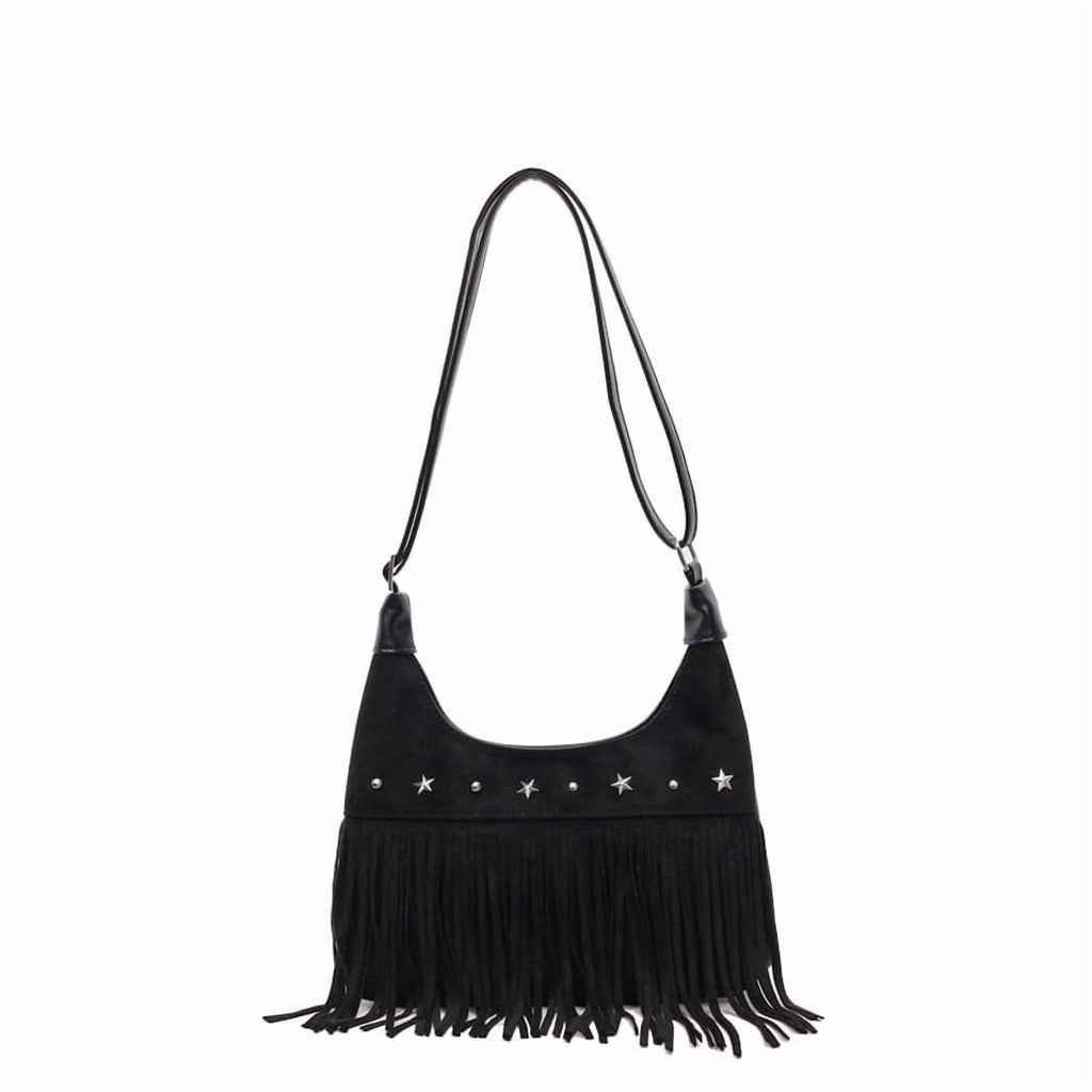 Baguery Women's Fringe Tote Bag - Western Star Studded Vintage Faux Suede Hobo/Shoulder Bag for Daily Casual (11.02×7.09×2.36in)​